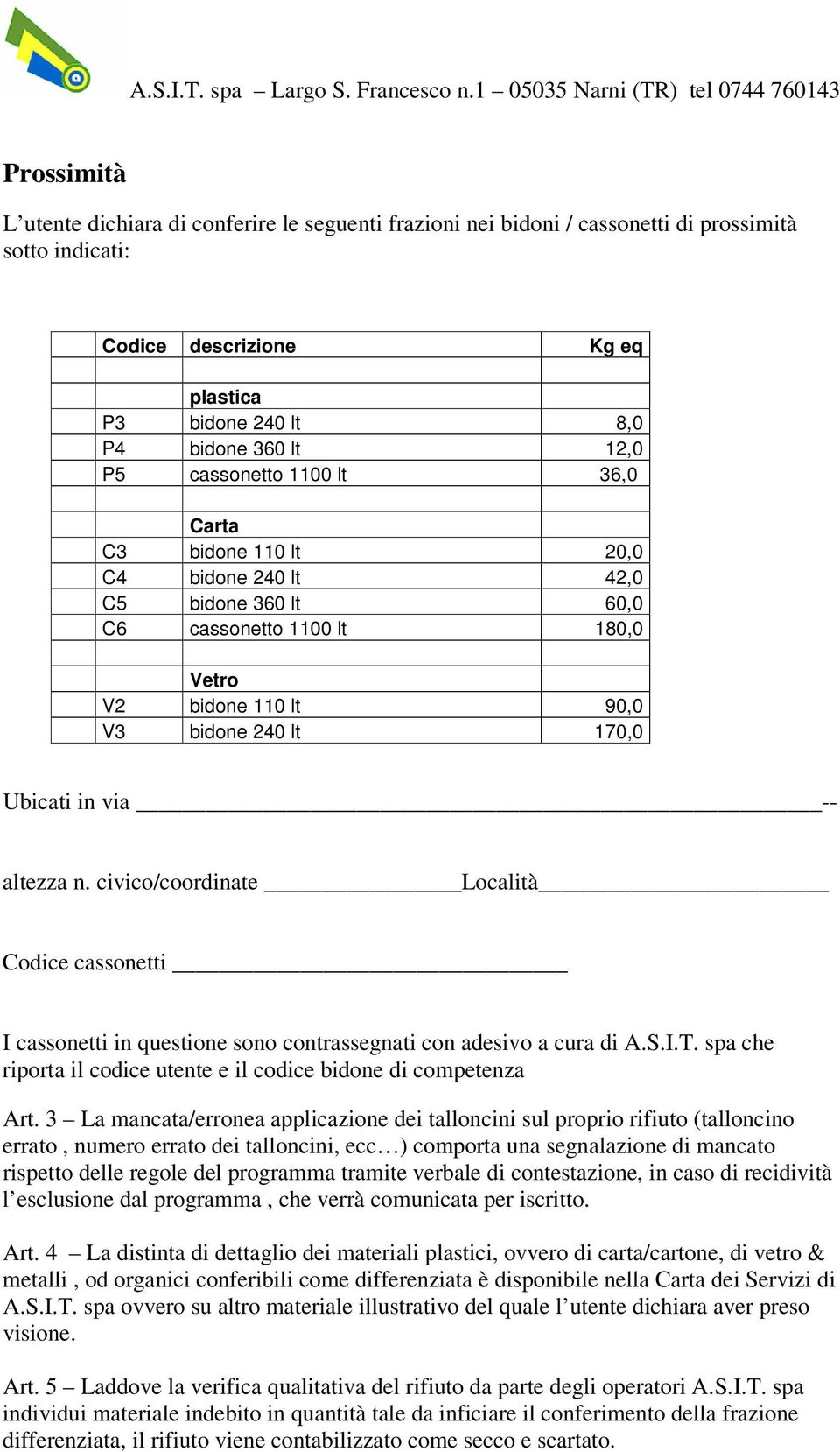 altezza n. civico/coordinate Località Codice cassonetti I cassonetti in questione sono contrassegnati con adesivo a cura di A.S.I.T.