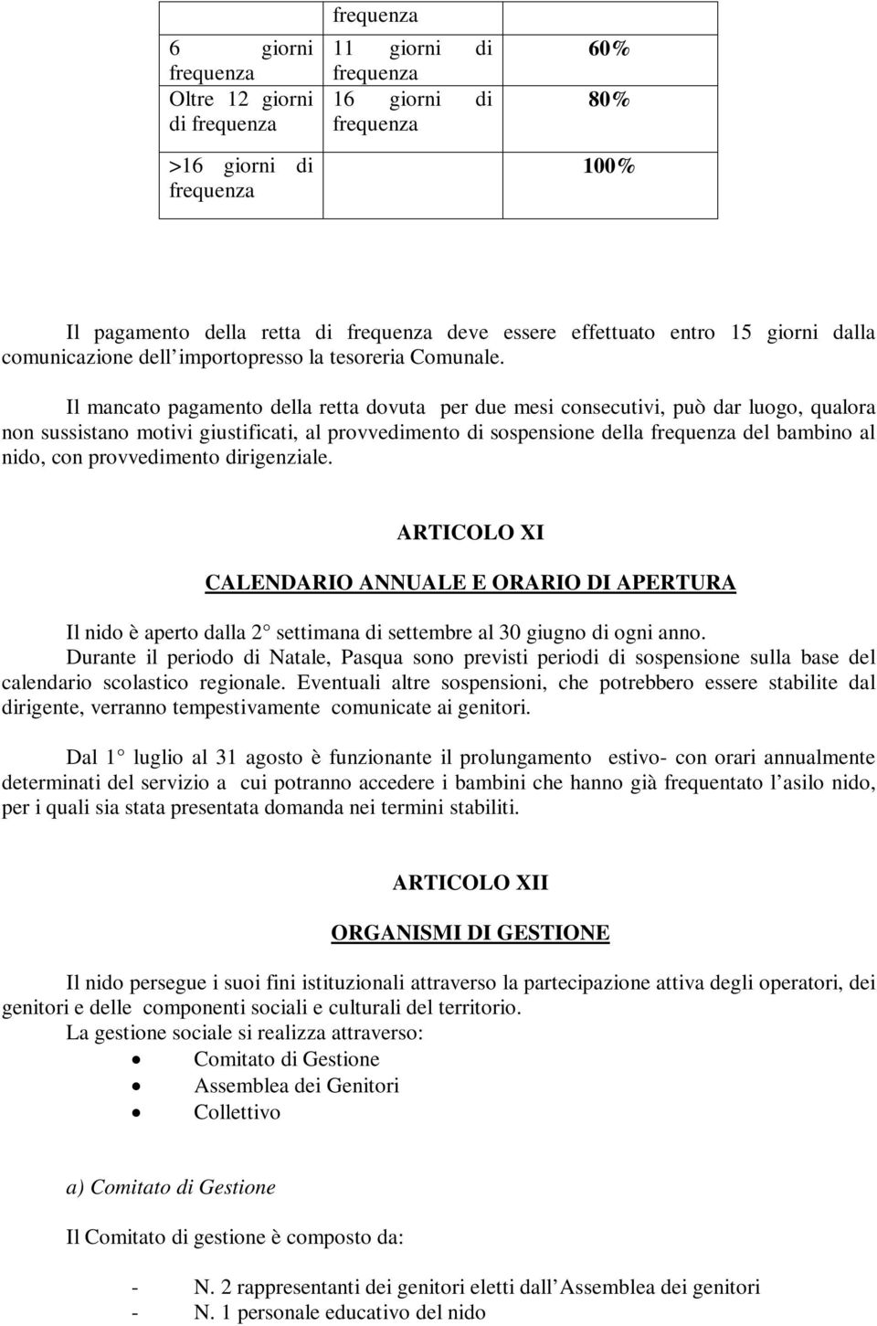 Il mancato pagamento della retta dovuta per due mesi consecutivi, può dar luogo, qualora non sussistano motivi giustificati, al provvedimento di sospensione della del bambino al nido, con