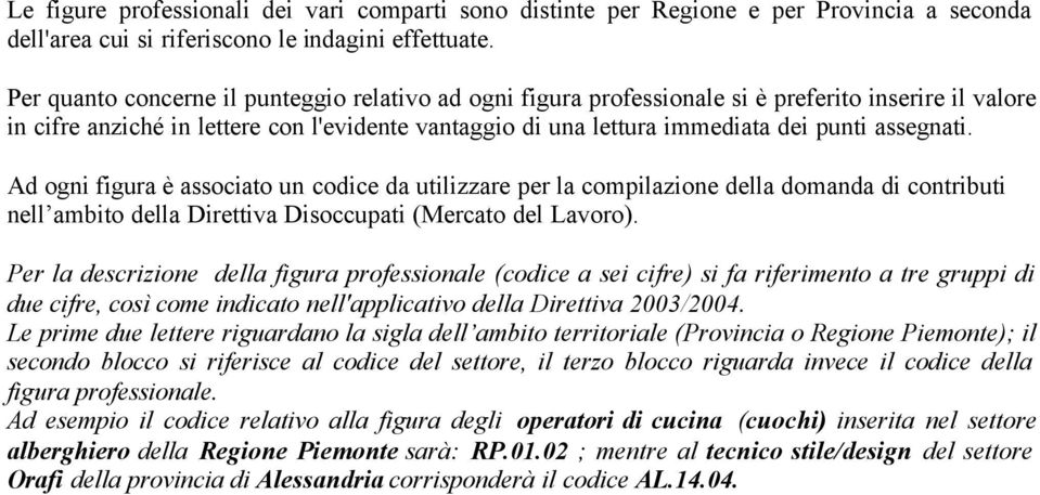 assegnati. Ad ogni figura è associato un codice da utilizzare per la compilazione della domanda di contributi nell ambito della Direttiva Disoccupati (Mercato del Lavoro).