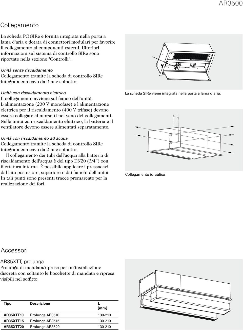 SIRe Unità senza riscaldamento Collegamento tramite la scheda di controllo SIRe integrata con cavo da 2 m e spinotto. Unità con riscaldamento elettrico Il collegamento avviene sul fianco dell'unità.