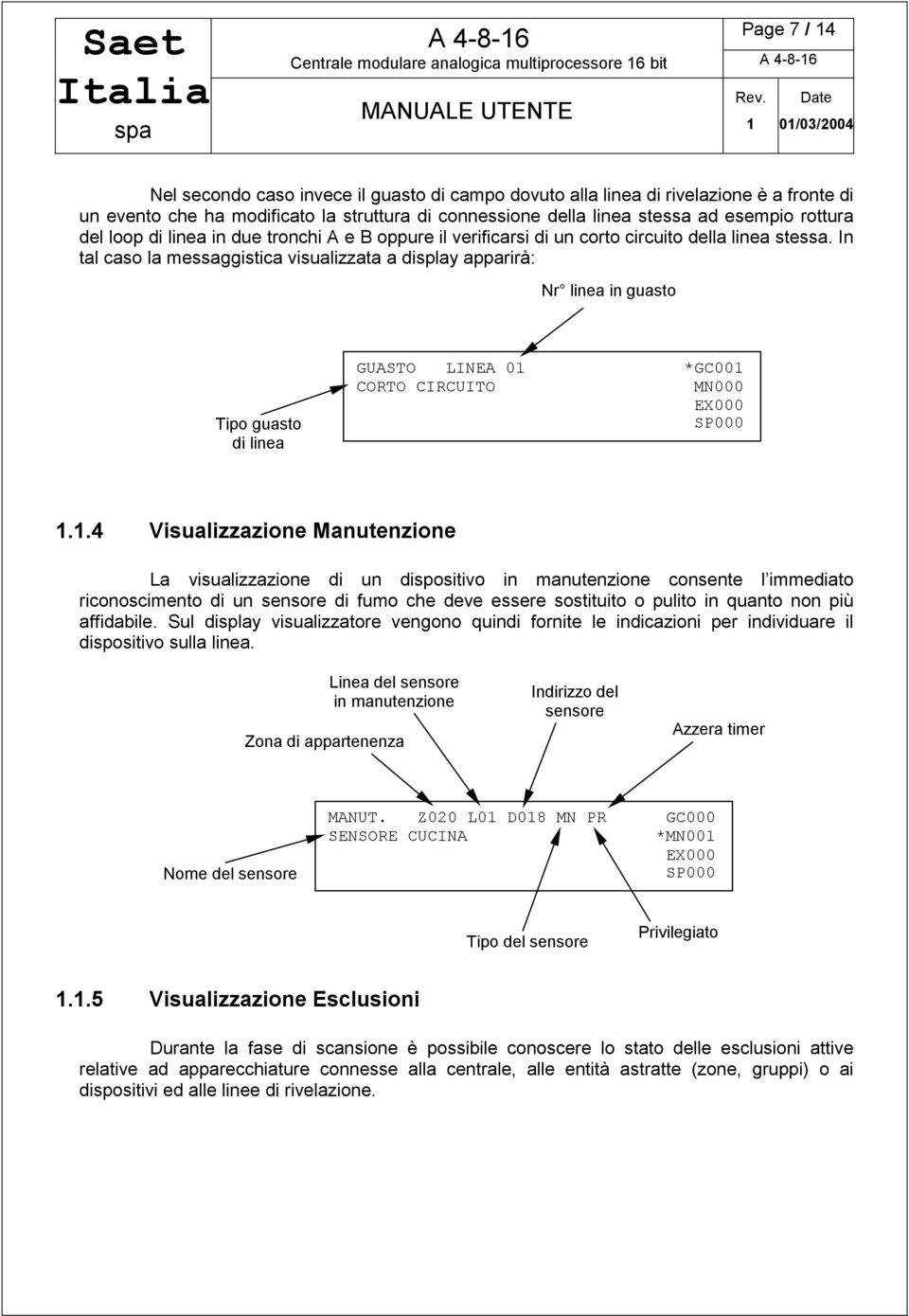 In tal caso la messaggistica visualizzata a display apparirà: Nr linea in guasto Tipo guasto di linea GUASTO LINEA 0 *GC00 CORTO CIRCUITO MN000 EX000 SP000.