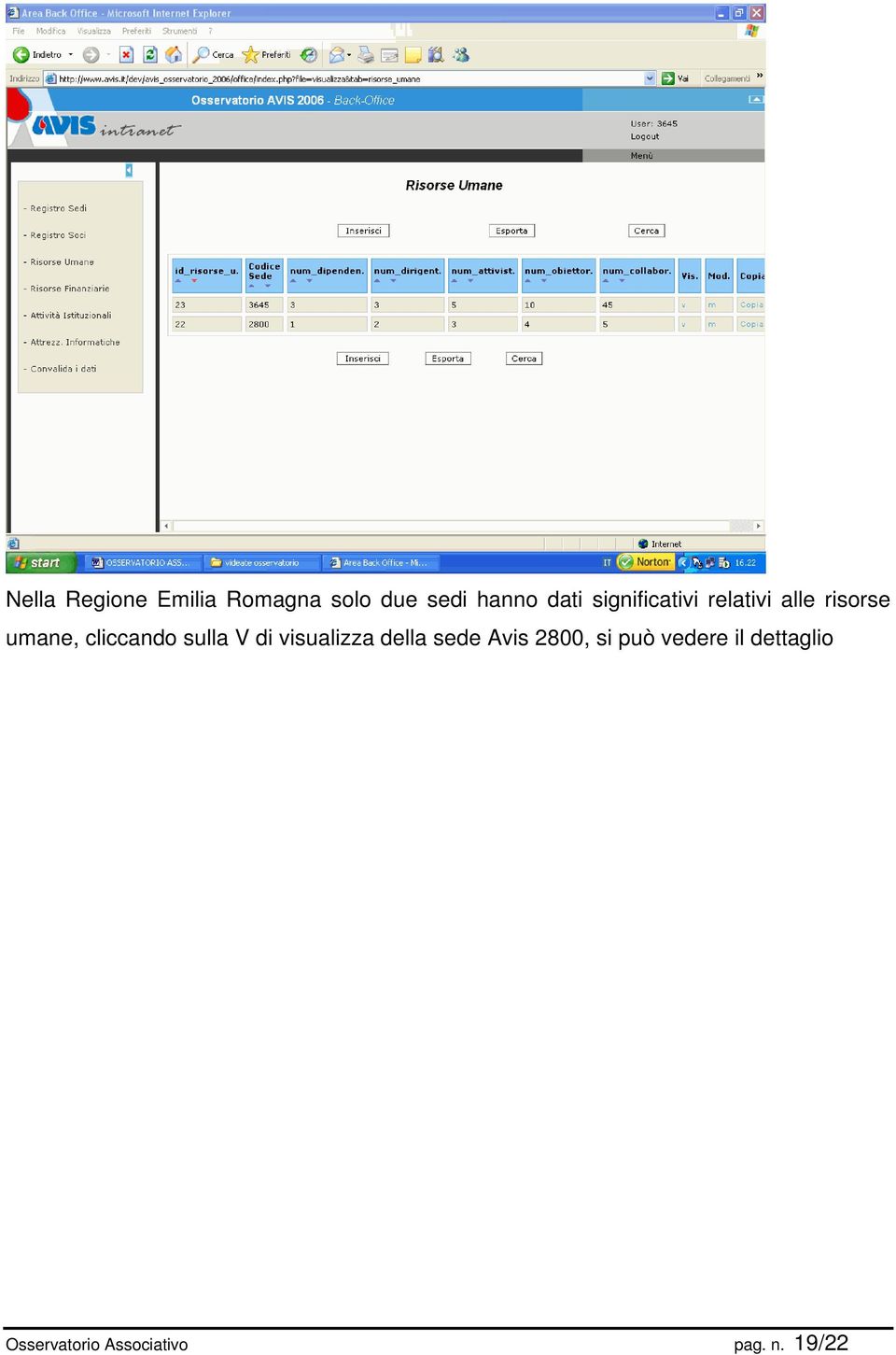 sulla V di visualizza della sede Avis 2800, si può