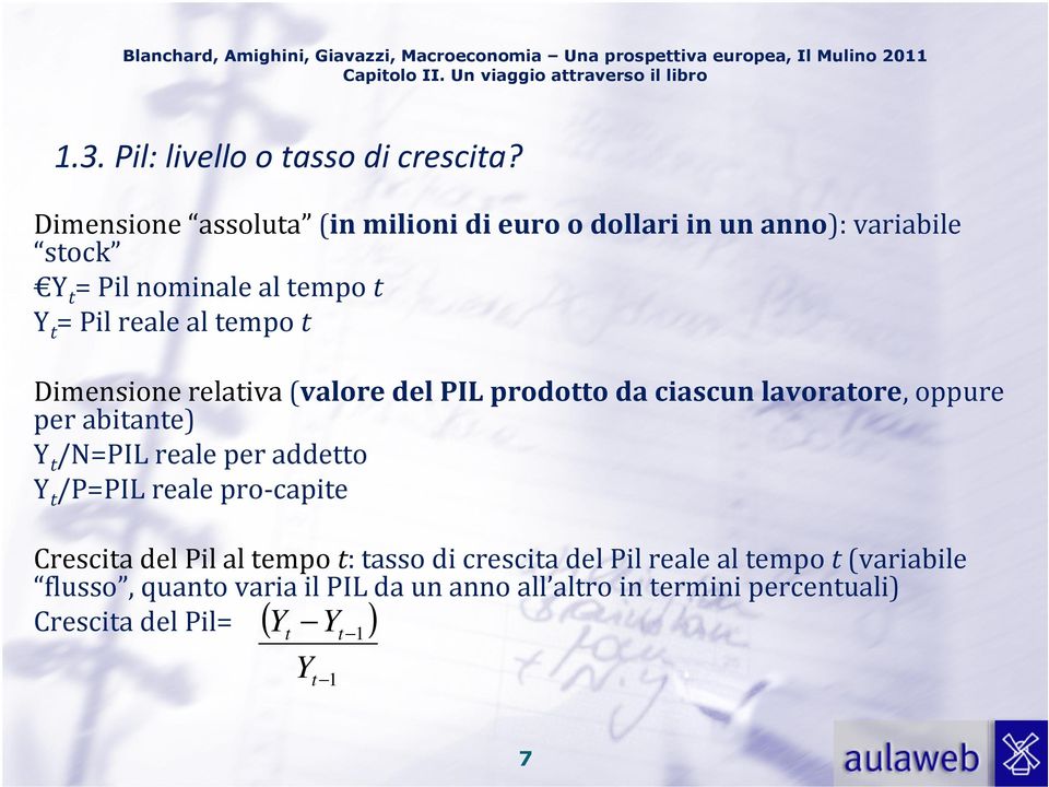 tempo t Dimensione relativa(valore del PIL prodotto da ciascun lavoratore, oppure per abitante) Y t /N=PILreale per addetto Y t