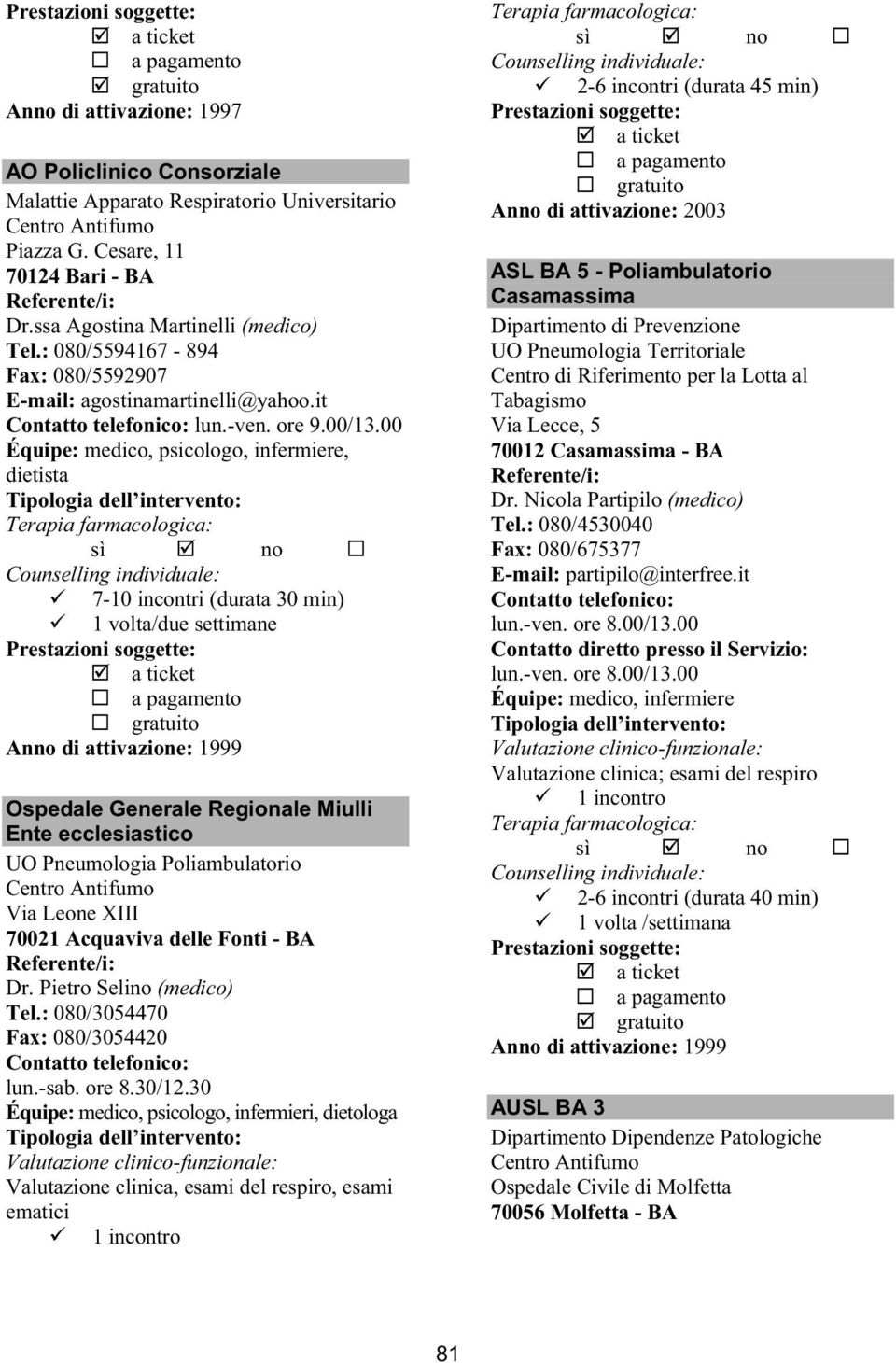 00 Équipe: medico, psicologo, infermiere, dietista 7-10 incontri (durata 30 min) 1 volta/due settimane Anno di attivazione: 1999 Ospedale Generale Regionale Miulli Ente ecclesiastico UO Pneumologia