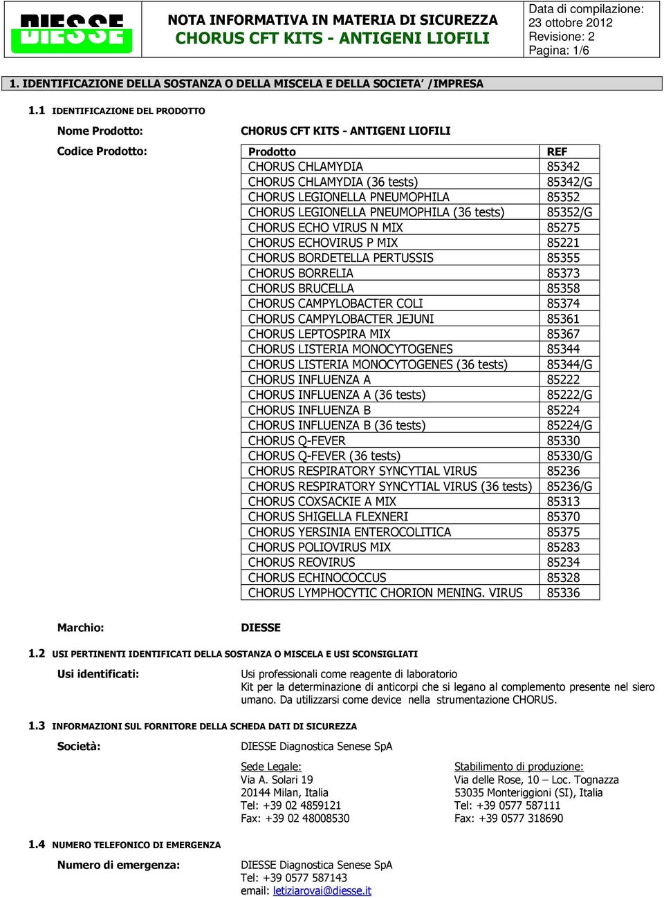 PNEUMOPHILA (36 tests) 85352/G CHORUS ECHO VIRUS N MIX 85275 CHORUS ECHOVIRUS P MIX 85221 CHORUS BORDETELLA PERTUSSIS 85355 CHORUS BORRELIA 85373 CHORUS BRUCELLA 85358 CHORUS CAMPYLOBACTER COLI 85374