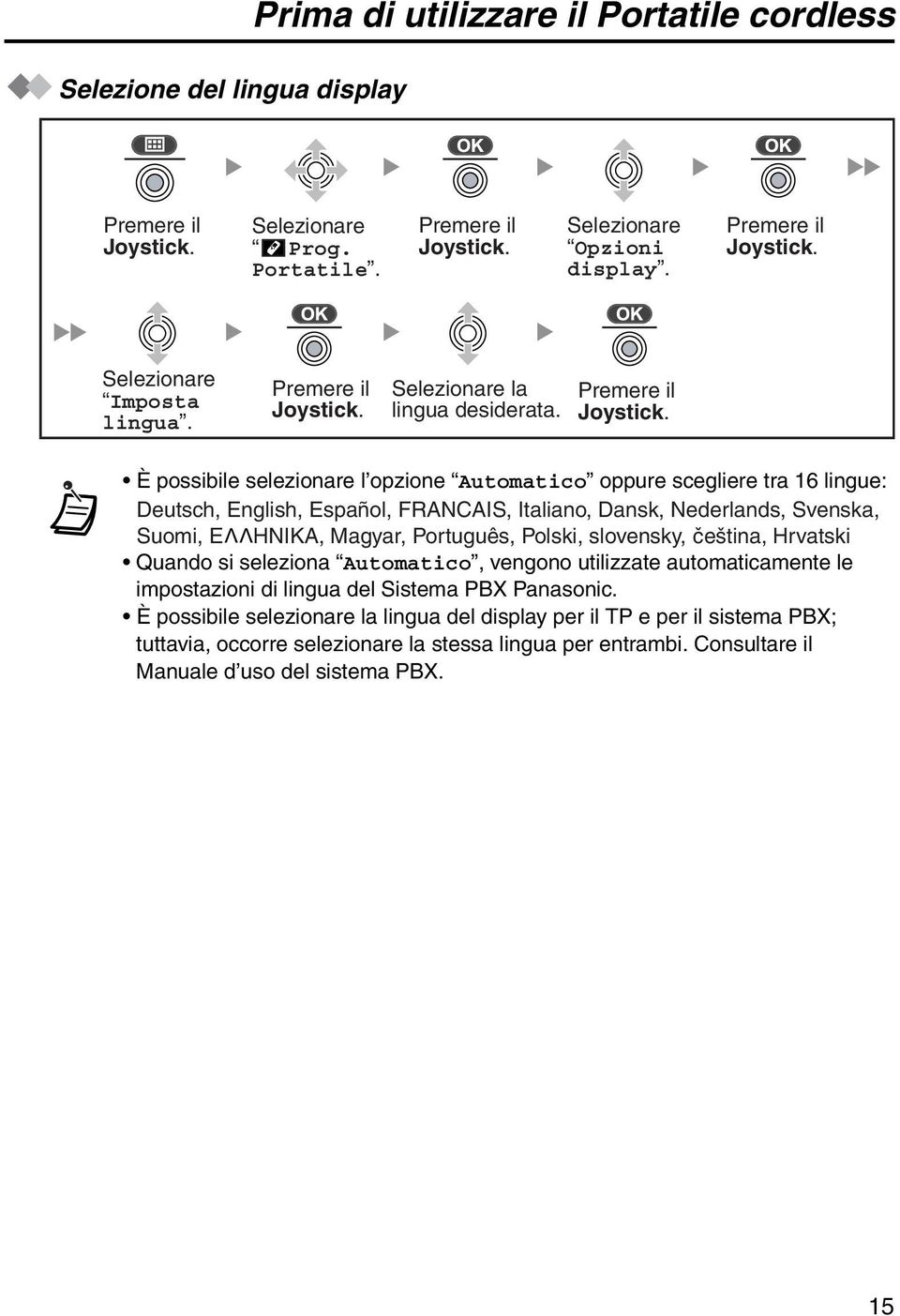 Magyar, Português, Polski, slovensky, ceština, Hrvatski Quando si seleziona Automatico, vengono utilizzate automaticamente le impostazioni di lingua del Sistema PBX