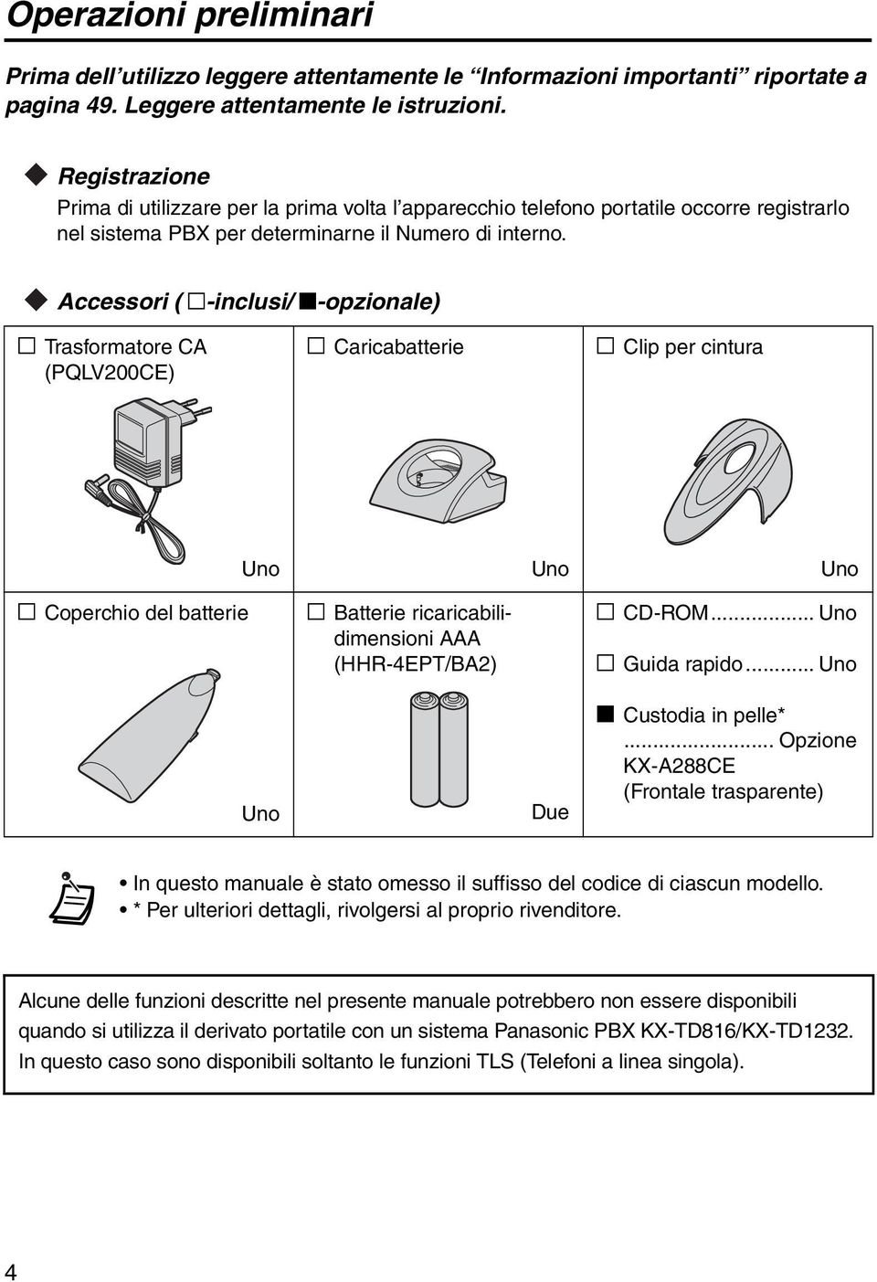 Accessori ( j-inclusi/ i-opzionale) j Trasformatore CA (PQLV200CE) j Caricabatterie j Clip per cintura Uno Uno Uno j Coperchio del batterie j Batterie ricaricabilidimensioni AAA (HHR-4EPT/BA2) j