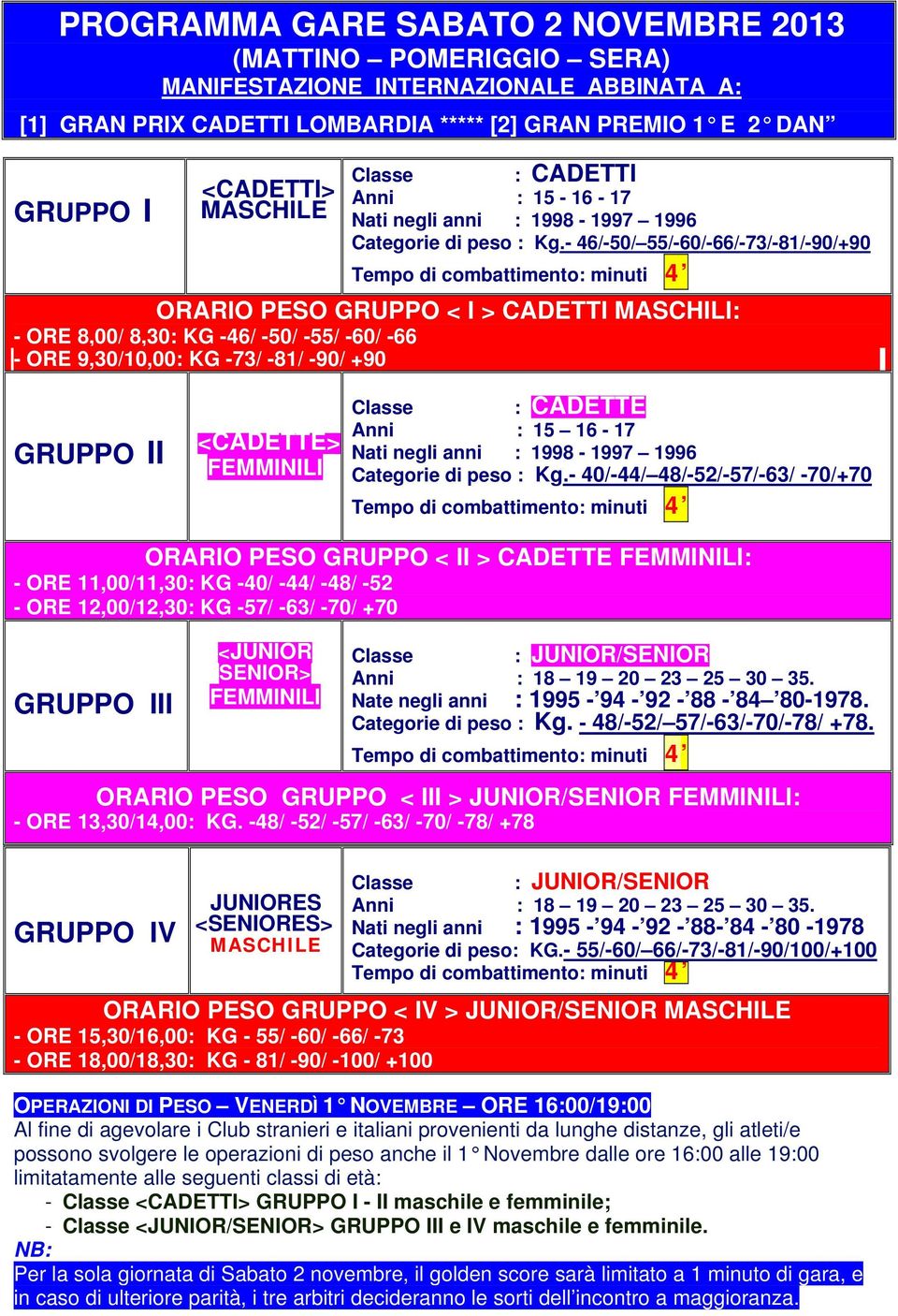 - 46/-50/ 55/-60/-66/-73/-81/-90/+90 Tempo di combattimento: minuti 4 : CADETTI ORARIO PESO GRUPPO < I > CADETTI MASCHILI: - ORE 8,00/ 8,30: KG -46/ -50/ -55/ -60/ -66 - ORE 9,30/10,00: KG -73/ -81/