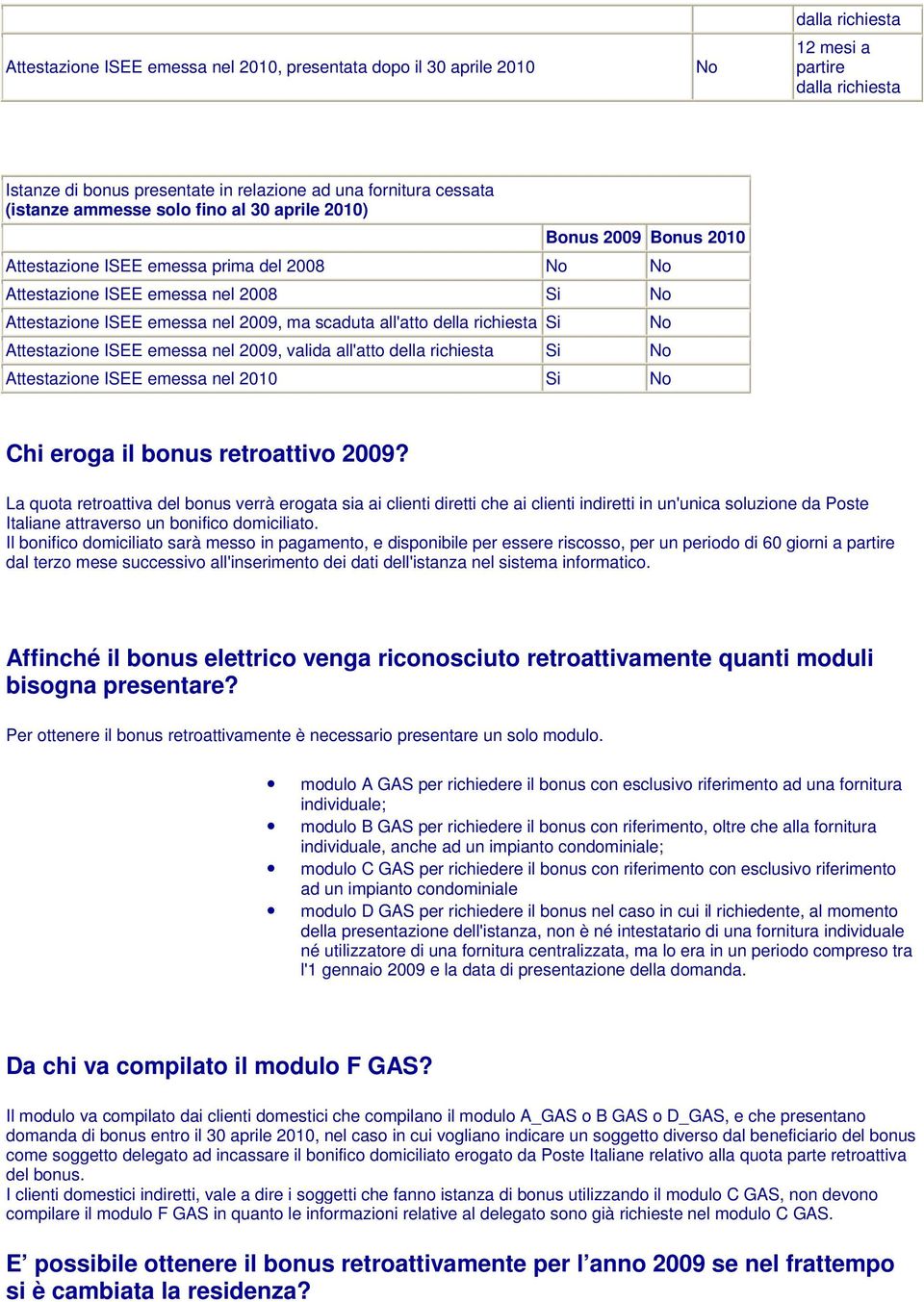 della richiesta Si Attestazione ISEE emessa nel 2009, valida all'atto della richiesta Si No Attestazione ISEE emessa nel 2010 Si No No Chi eroga il bonus retroattivo 2009?