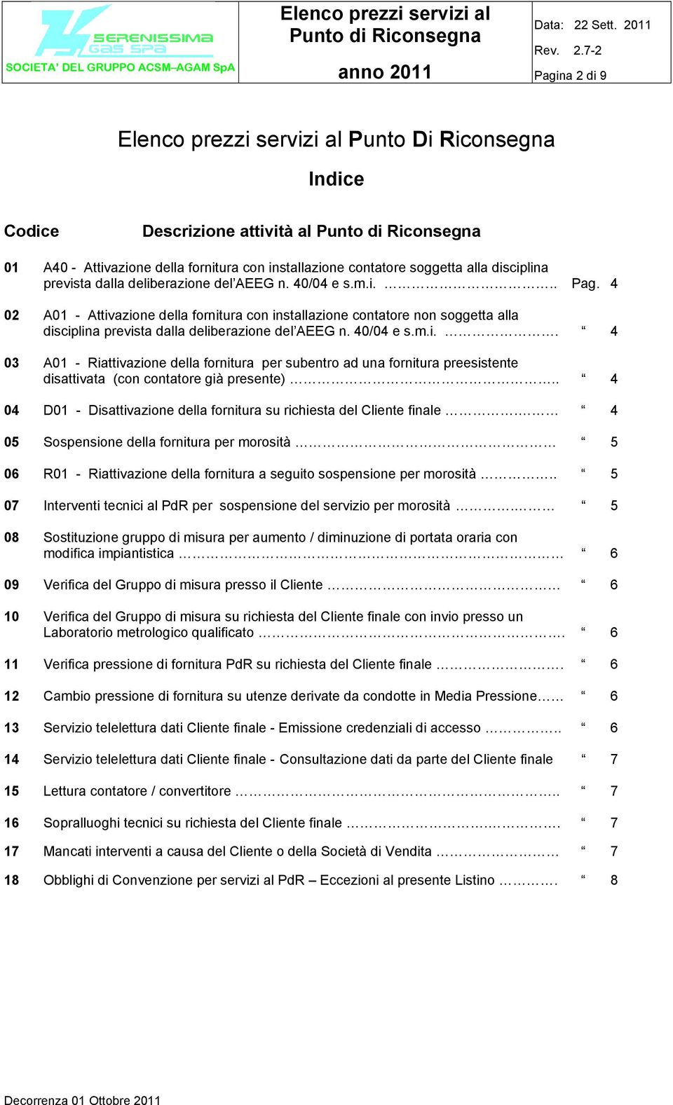 . 4 04 D01 - Disattivazione della fornitura su richiesta del Cliente finale. 4 05 Sospensione della fornitura per morosità 5 06 R01 - Riattivazione della fornitura a seguito sospensione per morosità.