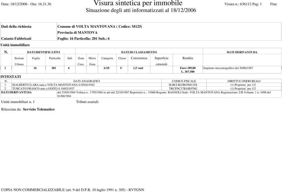 Sub.: 6 Unità immobiliare N. DATI IDENTIFICATIVI DATI DI CLASSAMENTO Sezione Foglio Particella Sub Zona Micro Categoria Classe Consistenza Superficie Rendita Urbana Cens.