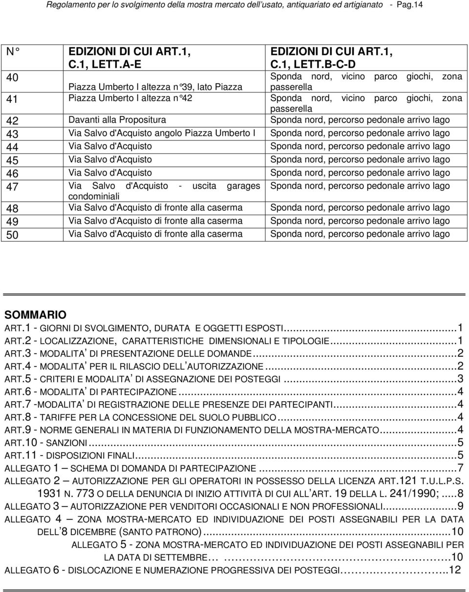 B-C-D 40 Sponda nord, vicino parco giochi, zona Piazza Umberto I altezza n 39, lato Piazza passerella 41 Piazza Umberto I altezza n 42 Sponda nord, vicino parco giochi, zona passerella 42 Davanti