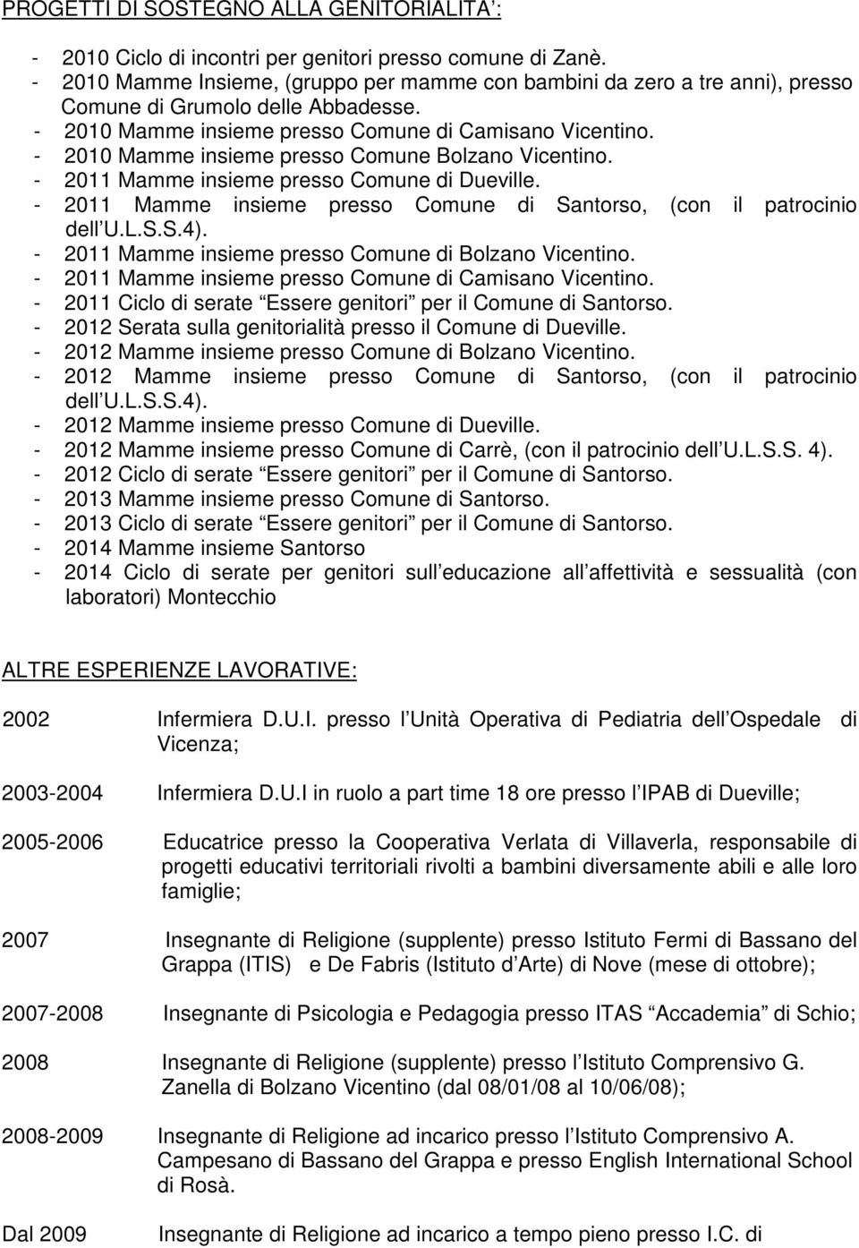 - 2010 Mamme insieme presso Comune Bolzano Vicentino. - 2011 Mamme insieme presso Comune di Dueville. - 2011 Mamme insieme presso Comune di Santorso, (con il patrocinio dell U.L.S.S.4).