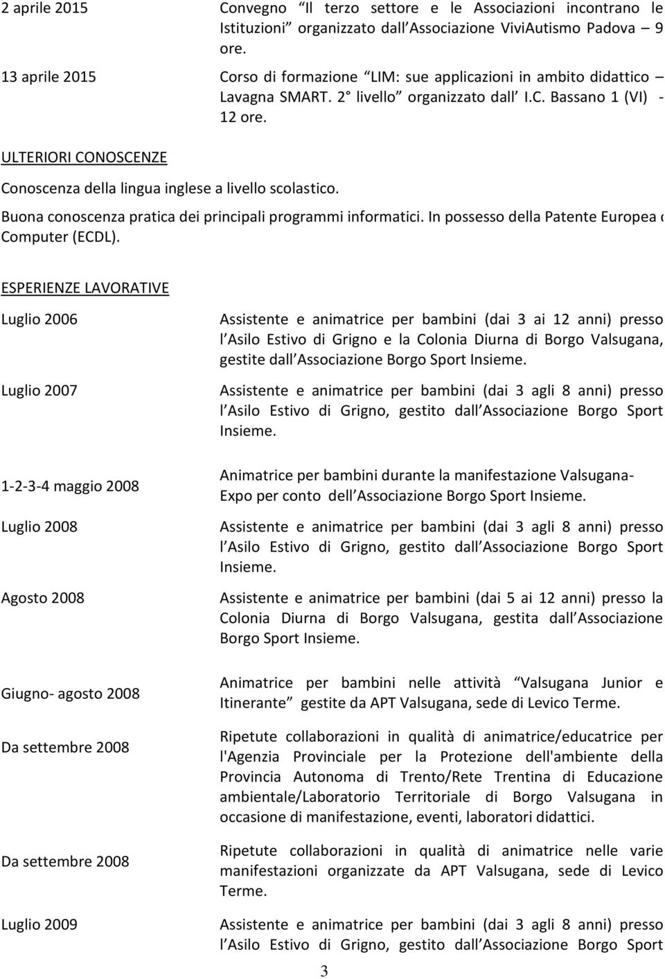 ULTERIORI CONOSCENZE Conoscenza della lingua inglese a livello scolastico. Buona conoscenza pratica dei principali programmi informatici. In possesso della Patente Europea del Computer (ECDL).