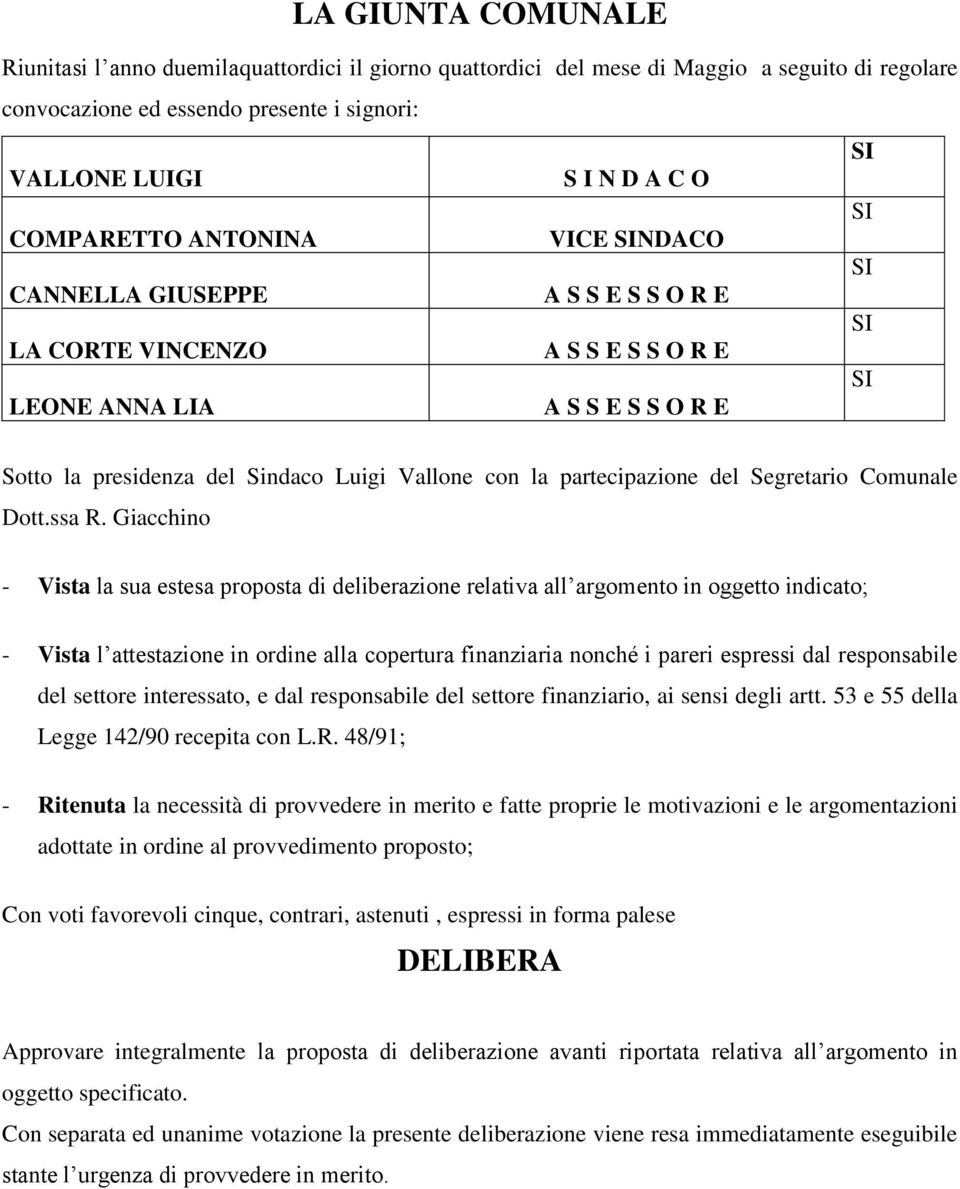 Giacchino - Vista la sua estesa proposta di deliberazione relativa all argomento in oggetto indicato; - Vista l attestazione in ordine alla copertura finanziaria nonché i pareri espressi dal