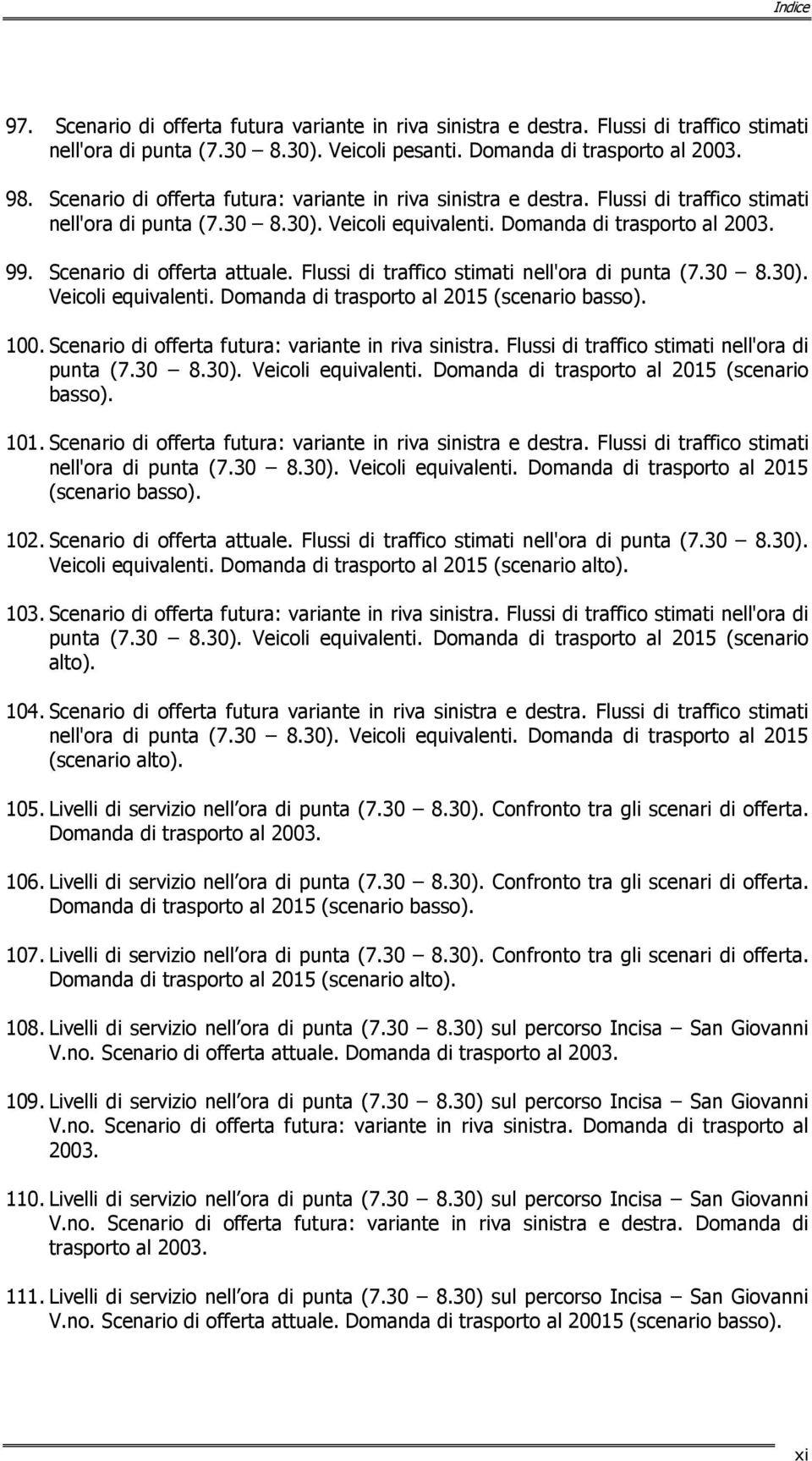 Scenario di offerta attuale. Flussi di traffico stimati nell'ora di punta (7.30 8.30). Veicoli equivalenti. Domanda di trasporto al 2015 (scenario basso). 100.