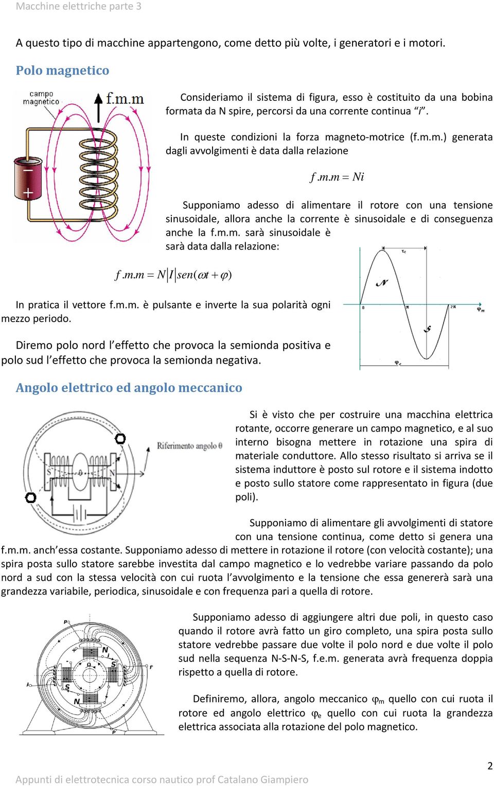 ) geeata dagli avvolgimeti è data dalla azioe m Ni Suoiamo adeo di alimetae il otoe co ua teioe iuoidale, alloa ache la coete è iuoidale e di coegueza ache la f.