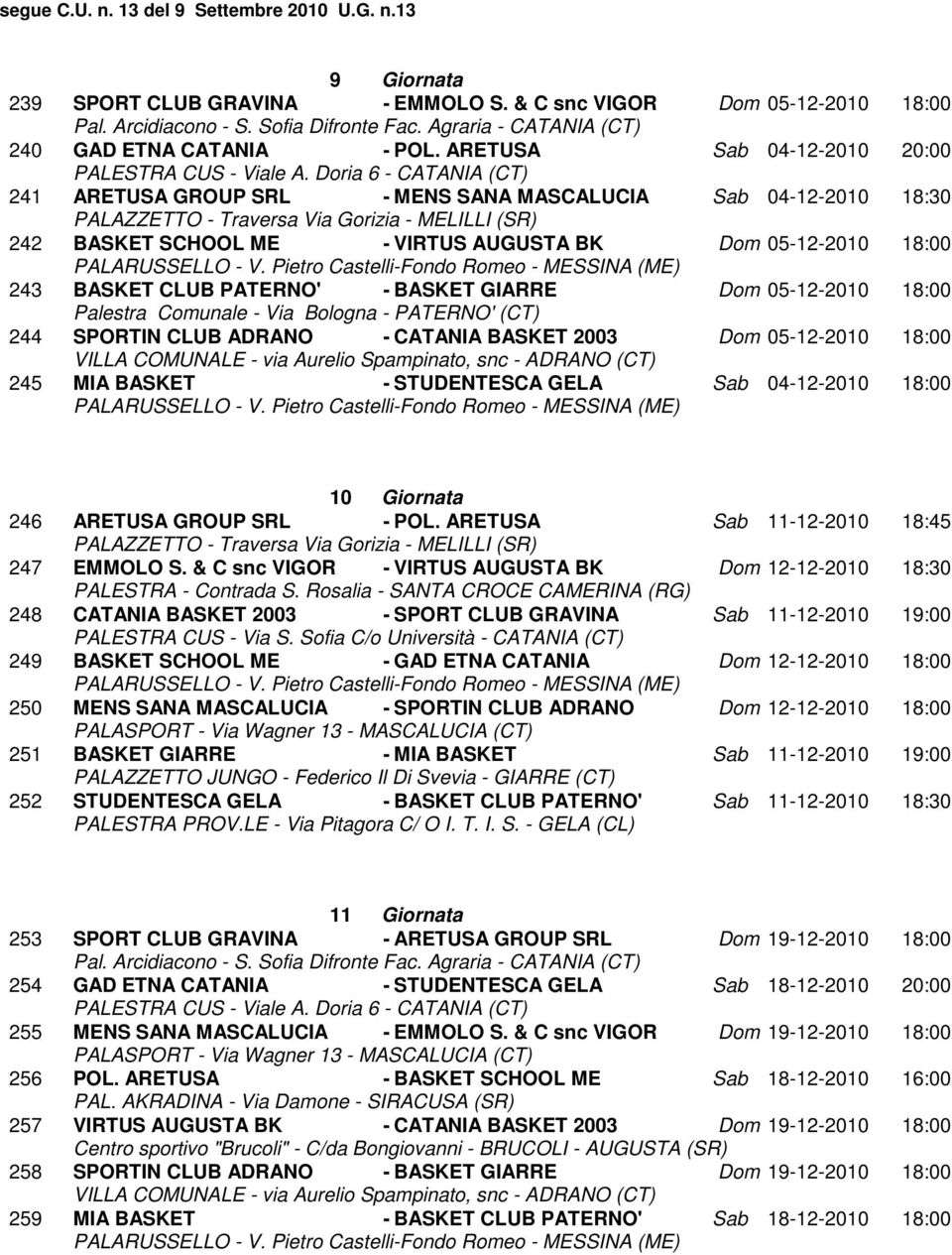 Dom 05-12-2010 18:00 244 SPORTIN CLUB ADRANO - CATANIA BASKET 2003 Dom 05-12-2010 18:00 245 MIA BASKET - STUDENTESCA GELA Sab 04-12-2010 18:00 10 Giornata 246 ARETUSA GROUP SRL - POL.