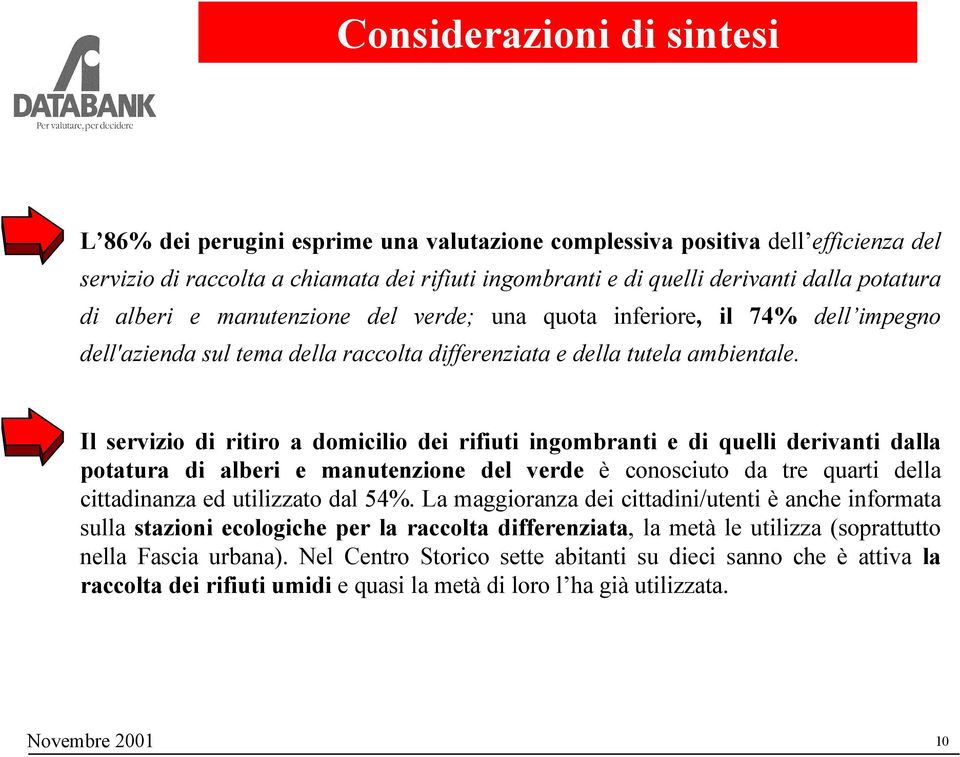 Il servizio di ritiro a domicilio dei rifiuti ingombranti e di quelli derivanti dalla potatura di alberi e manutenzione del verde è conosciuto da tre quarti della cittadinanza ed utilizzato dal 54%.