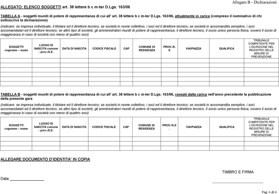 163/06, attualmente in carica (compreso il nominativo di chi sottoscrive la dichiarazione) (Indicare: se impresa individuale, il titolare ed il direttore tecnico; se società in nome collettivo, i