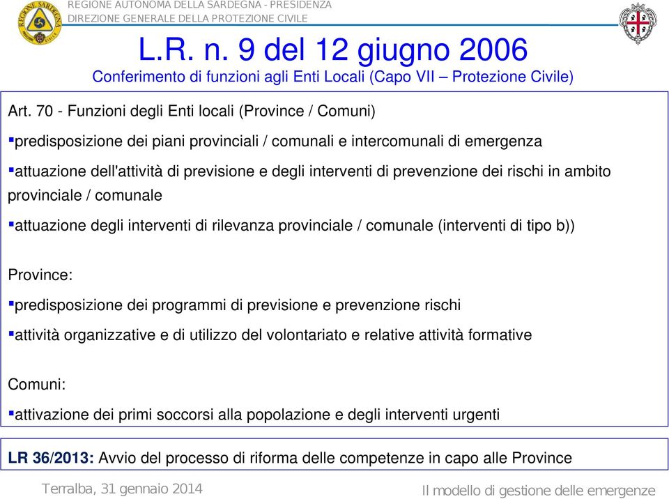 9 del 12 giugno 2006 Conferimento di funzioni agli Enti Locali (Capo VII Protezione Civile) attuazione degli interventi di rilevanza provinciale / comunale (interventi di tipo b)) Province: