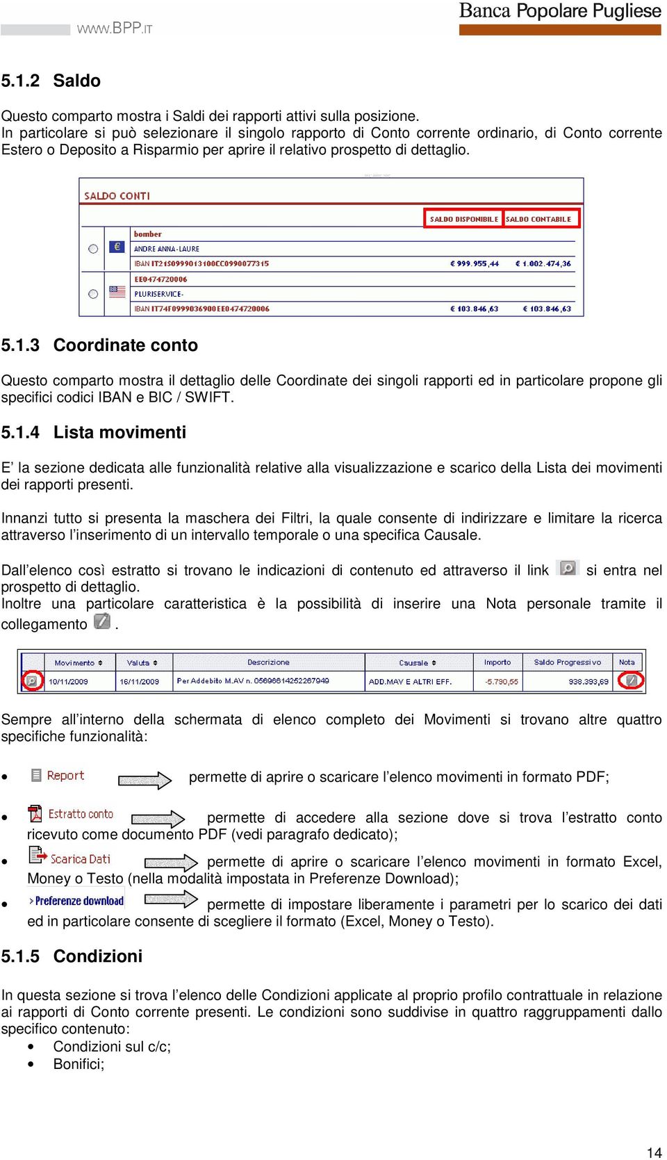 3 Coordinate conto Questo comparto mostra il dettaglio delle Coordinate dei singoli rapporti ed in particolare propone gli specifici codici IBAN e BIC / SWIFT. 5.1.