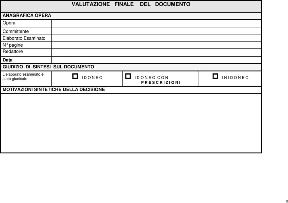 DOCUMENTO L elaborato esaminato è stato giudicato I D O N E O I D O N E O