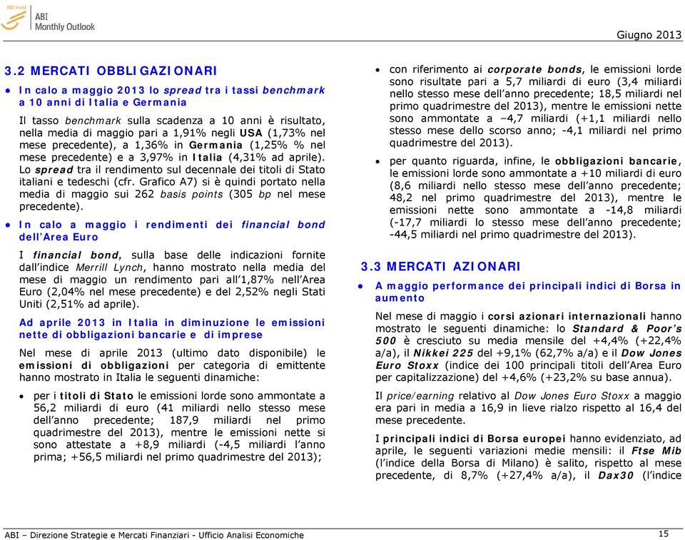 Lo spread tra il rendimento sul decennale dei titoli di Stato italiani e tedeschi (cfr. Grafico A7) si è quindi portato nella media di maggio sui 262 basis points (305 bp nel mese precedente).