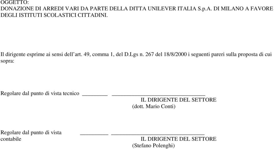 267 del 18/8/2000 i seguenti pareri sulla proposta di cui sopra: Regolare dal punto di vista tecnico IL