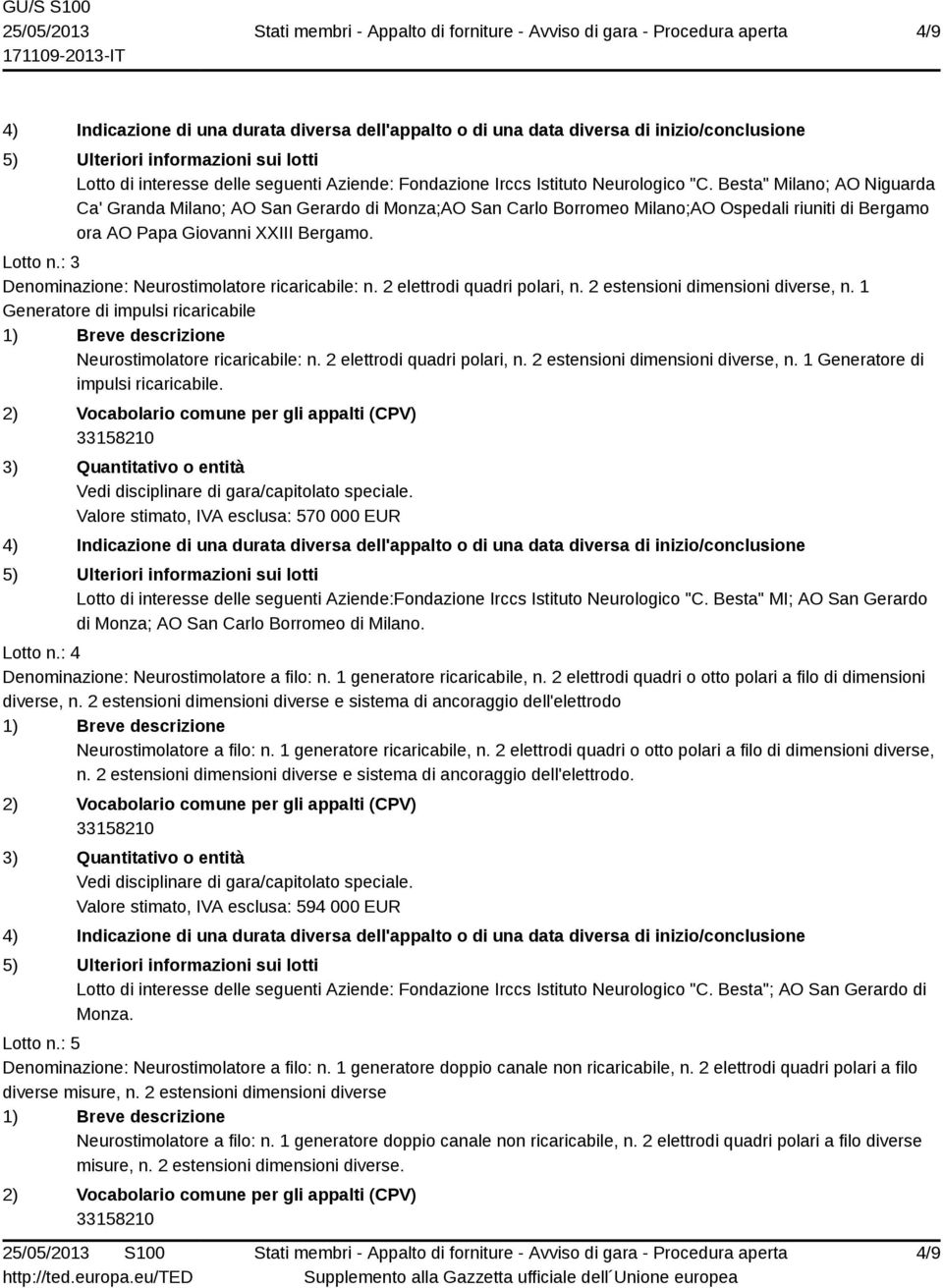 : 3 Denominazione: Neurostimolatore ricaricabile: n. 2 elettrodi quadri polari, n. 2 estensioni dimensioni diverse, n. 1 Generatore di impulsi ricaricabile Neurostimolatore ricaricabile: n.