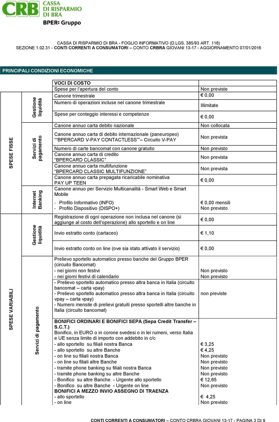 conteggio interessi e competenze Canone annuo carta debito nazionale Canone annuo carta di debito internazionale (paneuropeo) BPERCARD V-PAY CONTACTLESS Circuito V-PAY Numero di carte bancomat con