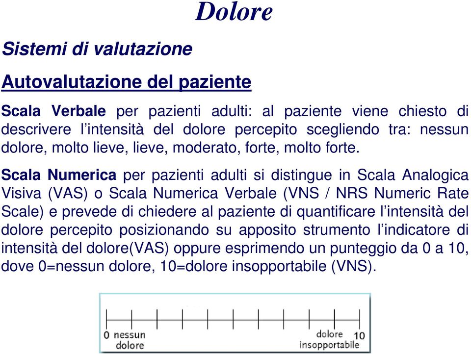 Scala Numerica per pazienti adulti si distingue in Scala Analogica Visiva (VAS) o Scala Numerica Verbale (VNS / NRS Numeric Rate Scale) e prevede di chiedere