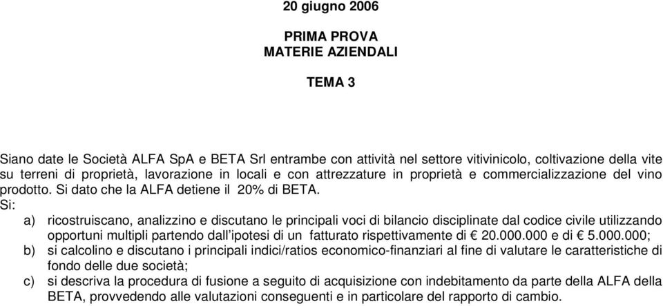 Si: a) ricostruiscano, analizzino e discutano le principali voci di bilancio disciplinate dal codice civile utilizzando opportuni multipli partendo dall ipotesi di un fatturato rispettivamente di 20.