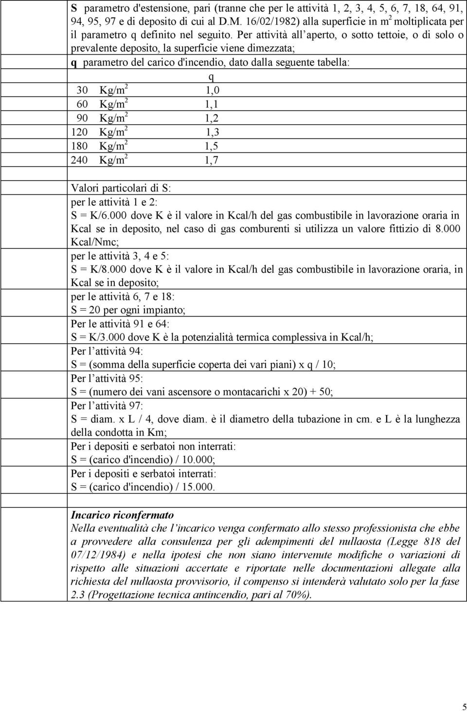 Per attività all aperto, o sotto tettoie, o di solo o prevalente deposito, la superficie viene dimezzata; q parametro del carico d'incendio, dato dalla seguente tabella: q 30 Kg/m 2 1,0 60 Kg/m 2 1,1