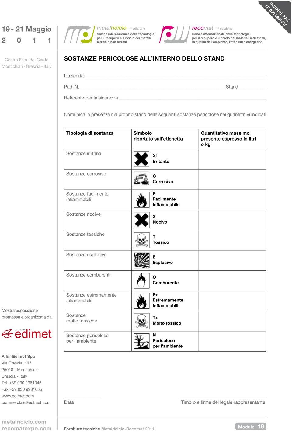 riportato sull etichetta Xi Irritante Quantitativo massimo presente espresso in litri o kg Sostanze corrosive Sostanze facilmente infiammabili Sostanze nocive C Corrosivo F Facilmente