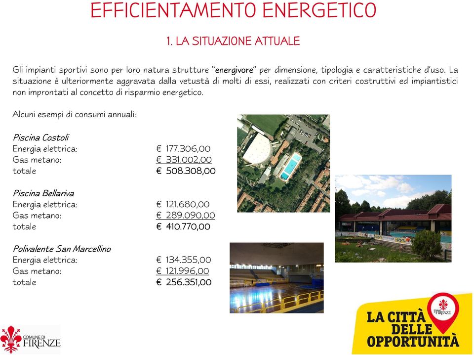 energetico. Alcuni esempi di consumi annuali: EFFICIENTAMENTO ENERGETICO Piscina Costoli Energia elettrica: 177.306,00 Gas metano: 331.002,00 totale 508.