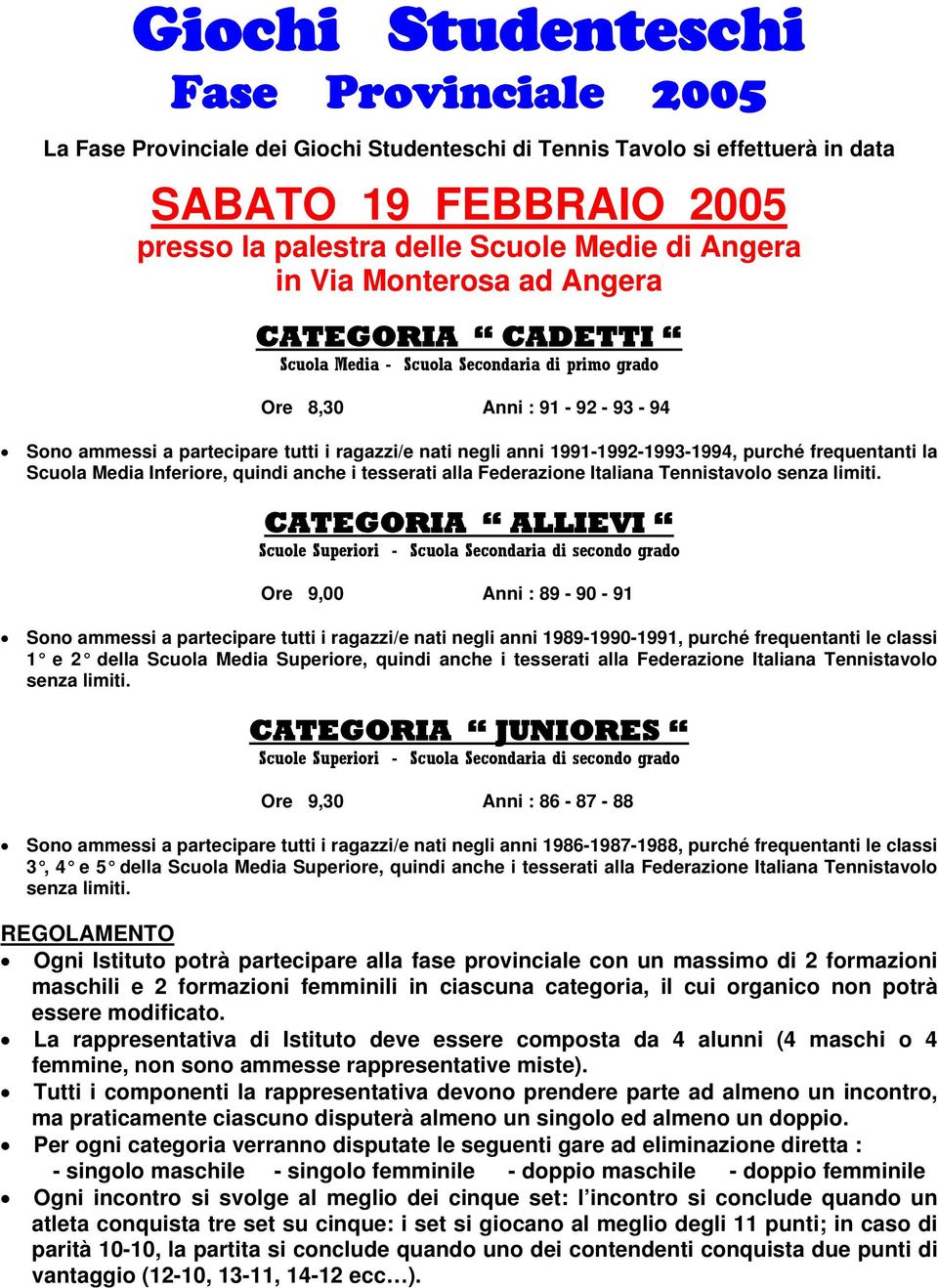 1991-1992-1993-1994, purché frequentanti la Scuola Media Inferiore, quindi anche i tesserati alla Federazione Italiana Tennistavolo senza limiti.