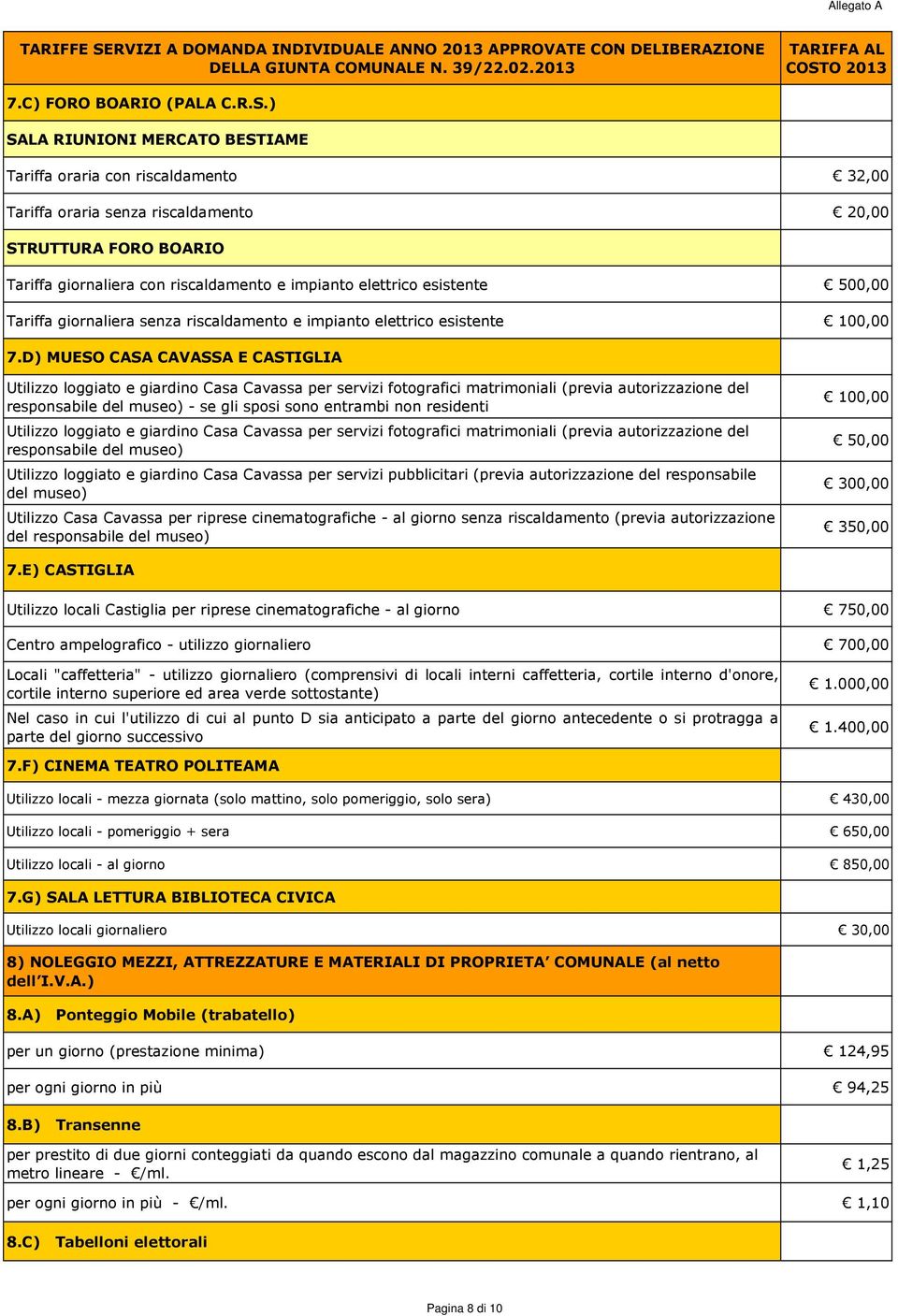 esistente 500,00 Tariffa giornaliera senza riscaldamento e impianto elettrico esistente 100,00 7.