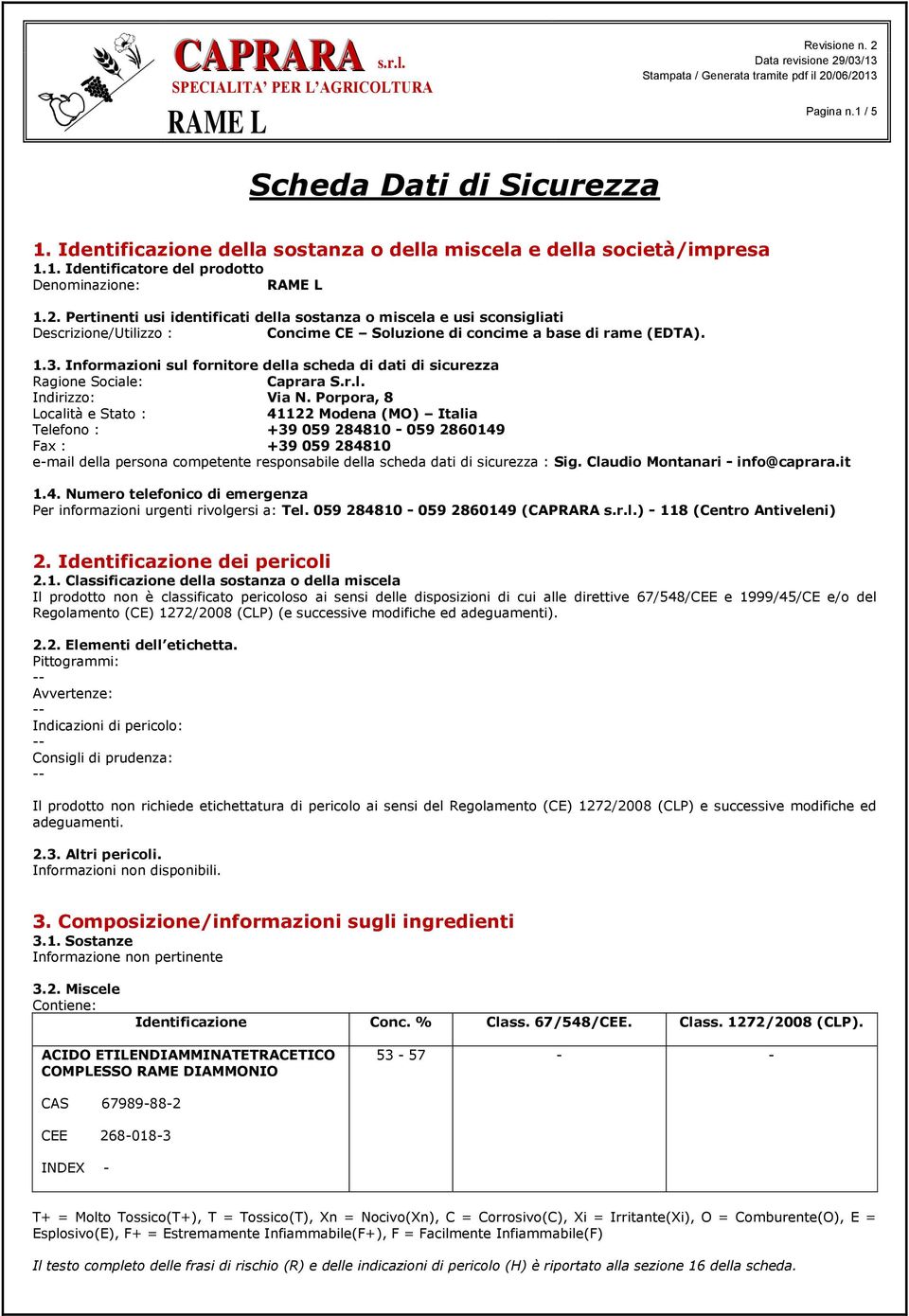 Informazioni sul fornitore della scheda di dati di sicurezza Ragione Sociale: Caprara S.r.l. Indirizzo: Via N.