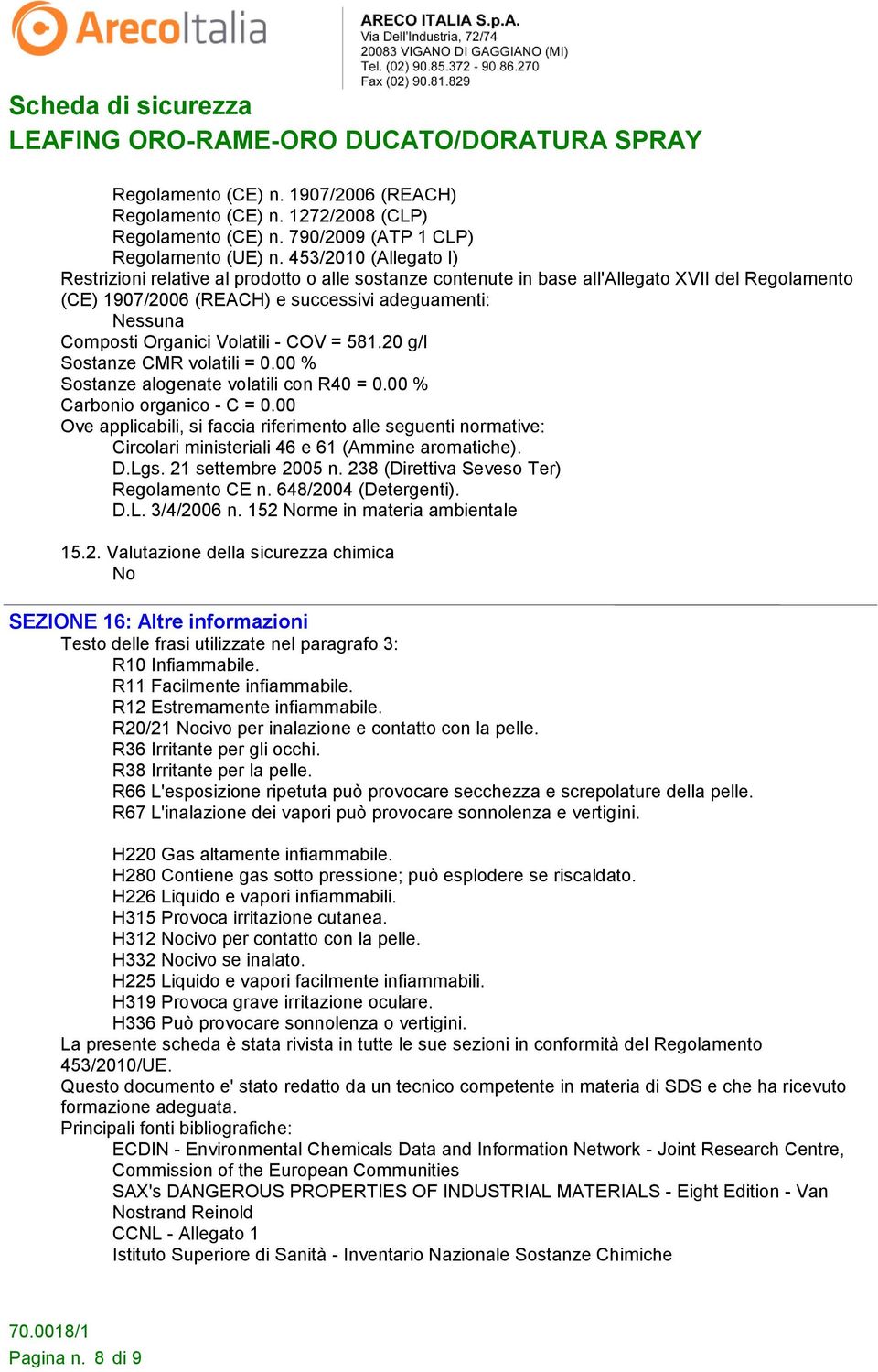 Volatili - COV = 581.20 g/l Sostanze CMR volatili = 0.00 % Sostanze alogenate volatili con R40 = 0.00 % Carbonio organico - C = 0.