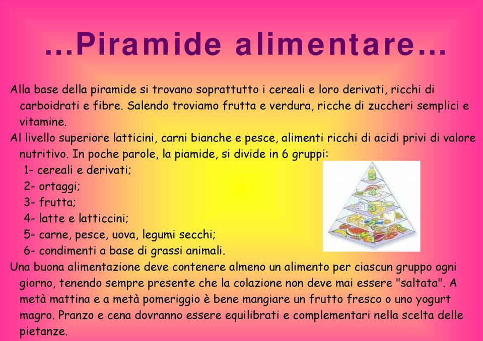 In poche parole, la piamide, si divide in 6 gruppi: 1- cereali e derivati; 2- ortaggi; 3- frutta; 4- latte e latticcini; 5- carne, pesce, uova, legumi secchi; 6- condimenti a base di grassi animali.