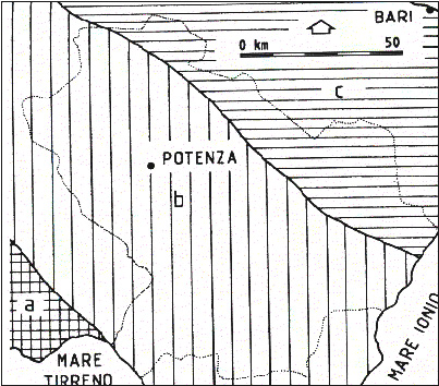 CULTURA Il Territorio Fig. 5: Zonazione Sismotettonica. a) Aree a bassa sismicità; b) Aree ad elevata sismicità; 3) Aree a bassa sismicità (da Ciaranfi et alii, 1981).
