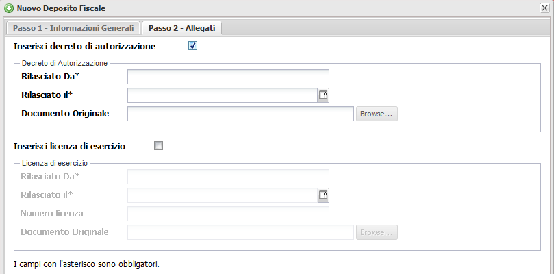 A D B C Figura 13 Nuovo Deposito Fiscale Passo 1 Informazioni Generali Nella sezione "Passo 2 Allegati" è necessario inserire il decreto di autorizzazione e la licenza di esercizio.