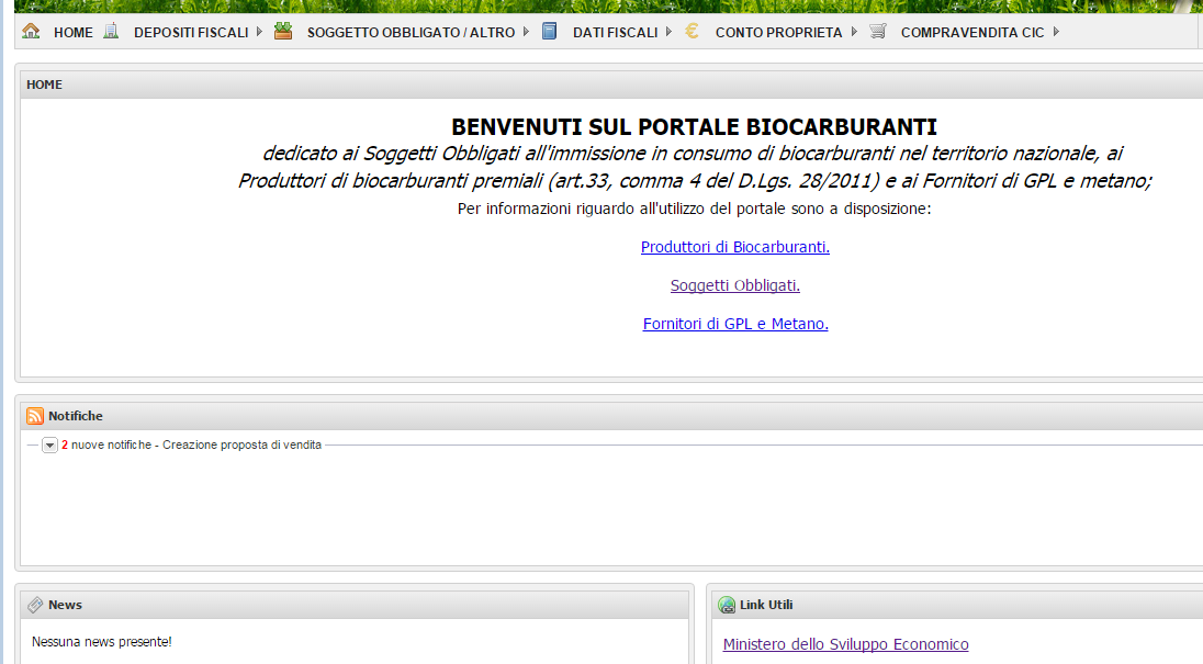 3. Portale BIOCAR 3.1 Home Page Nella parte superiore della Home Page è possibile scegliere tra i menù DEPOSITI FISCALI, SOGGETTO OBBLIGATO/ALTRO e DATI FISCALI (Figura 3).