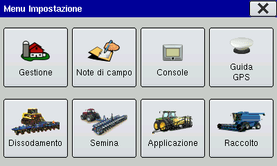 Layout della schermata principale Informazioni sul dispositivo Menu Impostazione Seleziona riepilogo Avvia funzionamento su campo Pulsante di accensione Layout della schermata della mappa Diagnosi