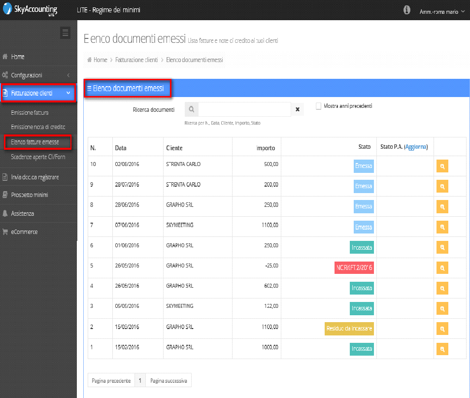 E' possibile, sempre nella sezione Fatturazione clienti, visualizzare