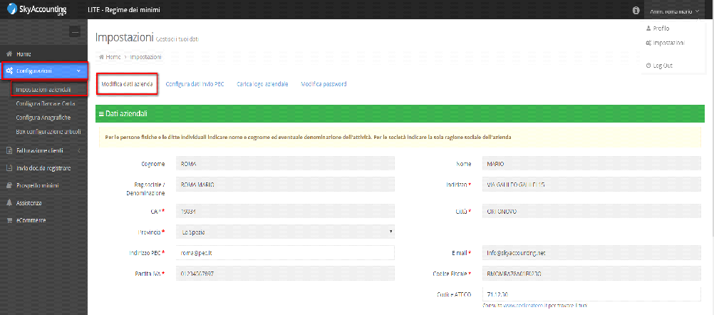 Al primo accesso e solo al primo, il sistema in automatico si posiziona sulle informazioni anagrafiche dell'azienda: completale e configurale 1.