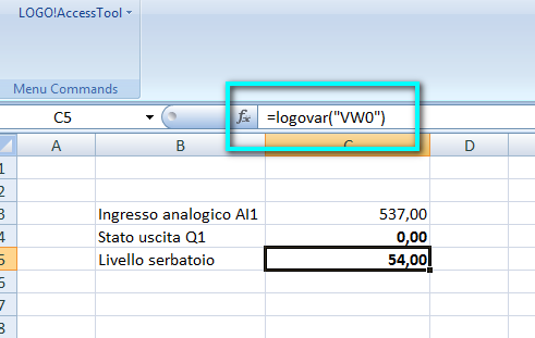 Per visualizzare il valore del livello del serbatoio memorizzato nell area di memoria VW0 di LOGO!, inserire la formula come mostrato in figura (riquadro azzurro; sintassi: =LOGOVAR( VW0 )).