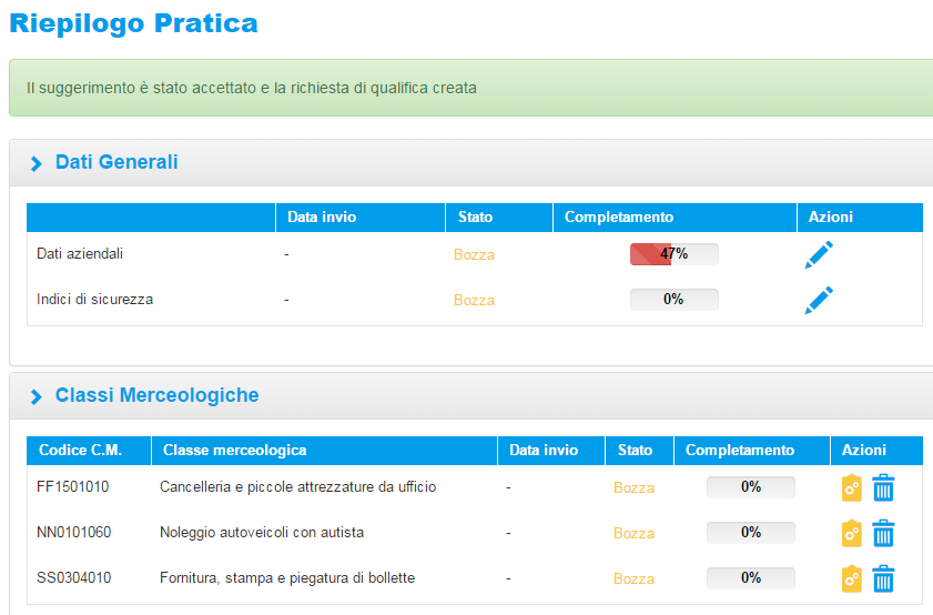 Nel riquadro SUGGERIMENTI CATEGORIE MERCEOLOGICHE vengono riportate le seguenti colonne: Codice C.M.: visualizza il codice della classe merceologica suggerita per la qualifica dal A2A.