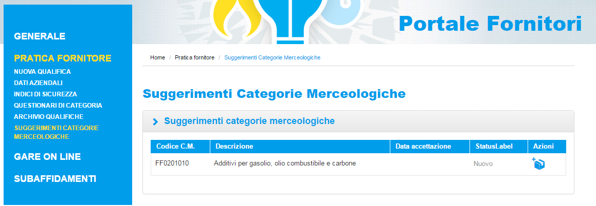 E possibile visualizzare le Classi Merceologiche suggerite da A2A anche selezionando l apposita funzionalità del menù di navigazione.